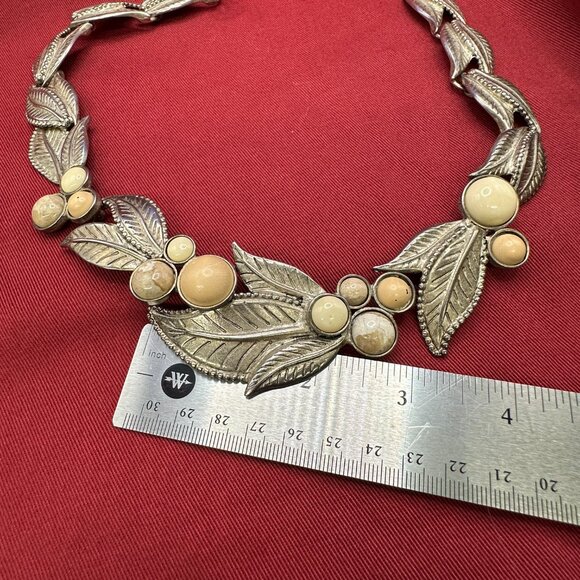 VTG Carol Dauplaise Pewter Leaf Motif & Stone Choker Necklace - Picture 6 of 11